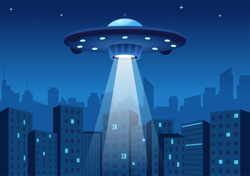 UFO illustration vector over residential buildings free download
