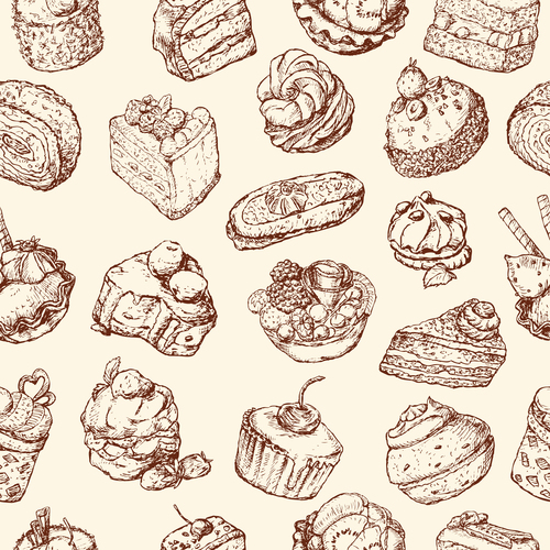 Seamless background with cakes sketches vector free download