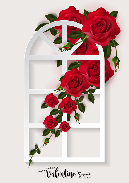 Cửa sổ và hoa hồng đỏ nền thiệp ngày lễ tình nhân vector