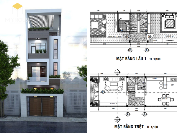 Download Bản Vẽ CAD Nhà Ống 2 Tầng